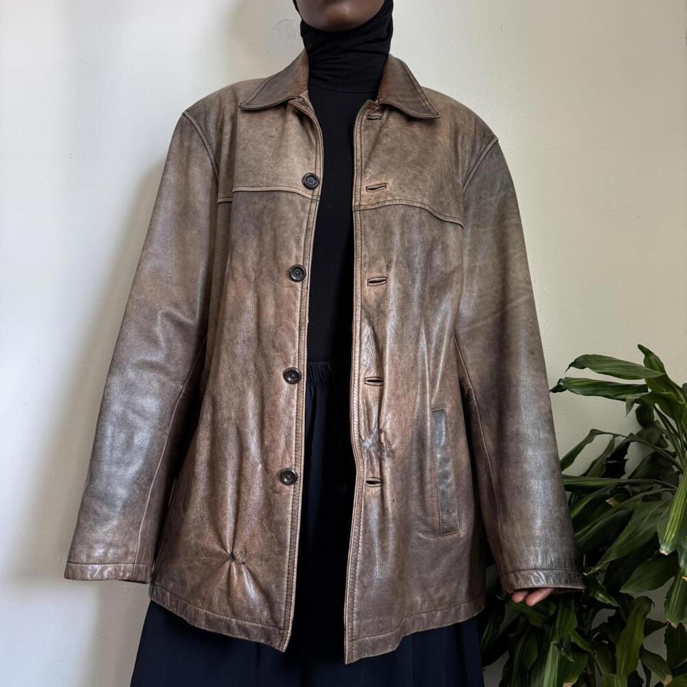 Vintage distressed brown button up leather jacket‎ size LT Unisex